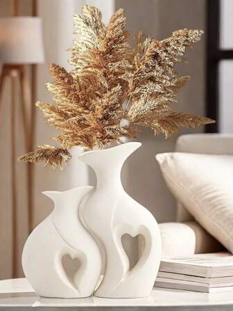 2 件白色陶瓷花瓶，2 件套波西米亚风格爱心花瓶，适用于家居装饰、卧室装饰、办公室和学生、储物、婚礼装饰、家居装饰、珠宝收纳、派对装饰、最佳礼物