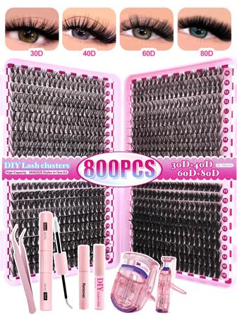 Waloshow 800 件 D Crul 睫毛簇，大容量假睫毛睫毛书套装，带粘合剂和密封剂和胶水和卸妆器和睫毛夹 *2 镊子嫁接工具，蓬松 30 40 60 80D 800 件假睫毛，适合作为送给姐妹家人和朋友的圣诞礼物，适合新手初学者（6 件工具）睫毛簇套装、睫毛、睫毛、假睫毛