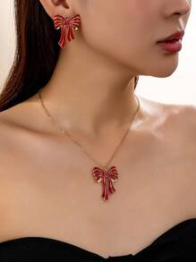 1 件极简主义几何魅力泪珠蝴蝶吊坠项链和 1 对极简主义几何魅力泪珠蝴蝶耳钉 - 紅色 - 查看 1