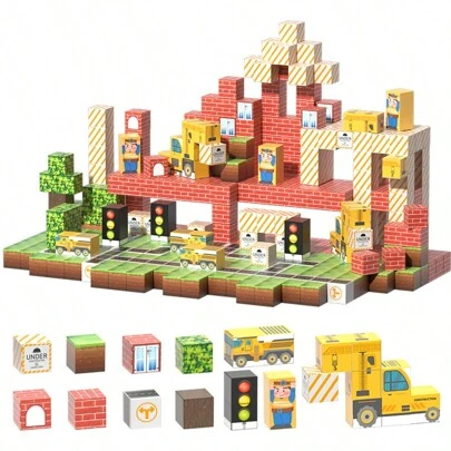 100 块磁性积木构建磁性世界工程车套装，适合 3 岁以上儿童的 STEM 玩具，适合 4-8 岁男孩和女孩的圣诞节和生日礼物
