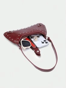 Bolso de lona encerada con decoración de remaches, estilo boho retro occidental, con estampado de leopardo de angora, apropiado para citas, salidas, fiestas, festivales de música