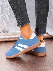 Damen Leder Multifunktions Mode Lässig Schuhe, flache rutschfeste Schnürschuhe mit runder Zehenkappe, Gummisohle, Lässig Plateau Sneaker, retroaktives Patchwork Farbmuster, bequeme flache Lässig Schuhe, himmelblau