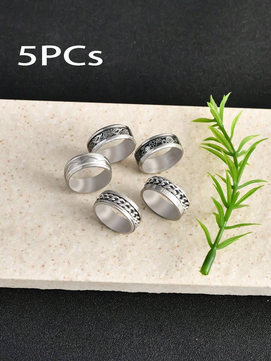 5 件时尚简约创意链条、罗马数字、齿轮、龙纹刻印戒指套装，时尚个性化圣诞礼物