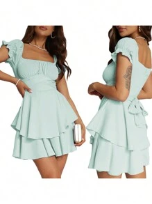 Women's Mini A-Line Dress Solid Color Ruffled Sleeves Square Neck Layered Hem Dress - Màu xanh chanh - Xem 8