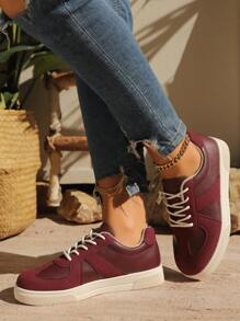 青少年休闲运动鞋，时尚系带跑鞋，2025 年新品 - 酒紅色 - 查看 3