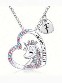 suteyi 女童獨角獸禮物，銀鍍字母A-Z女童心形獨角獸項鏈珠寶首飾首字母獨角獸項鏈生日禮物女童青少年獨角獸禮物 - 銀色 - 查看 18