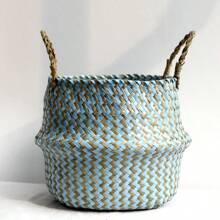 Cestas de almacenamiento de mimbre a rayas de decoración boho, cesta de lavandería plegable hecha a mano, maceta de jardín de flores de algas marinas y flores - blanco y marrón - Ver 2