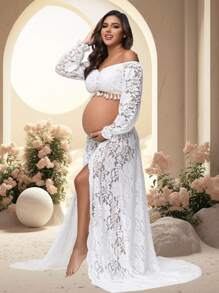 Bộ đồ bầu 2 món: Áo ren trễ vai tay bồng tua rua, chân váy xẻ tà, thích hợp chụp ảnh, dự tiệc mừng em bé và các dịp khác mùa xuân. - trắng - Xem 4
