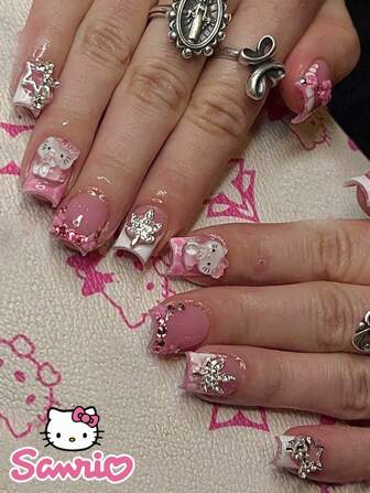 Sanrio 24PCS Short Square Nail Nail Patches, Pink And White French Pattern, Cute Rhinestone Three-Dimensional Pink Sparkling Rhinestone Pink Small Flower Rhinestone 3d Silver Maple Leaf Silver Star Pendant Rhinestone Wearable Nail Set Suitable For Women's Daily Wear Party Party (With: A Piece Of Jelly Glue And A Rubbing Strip)