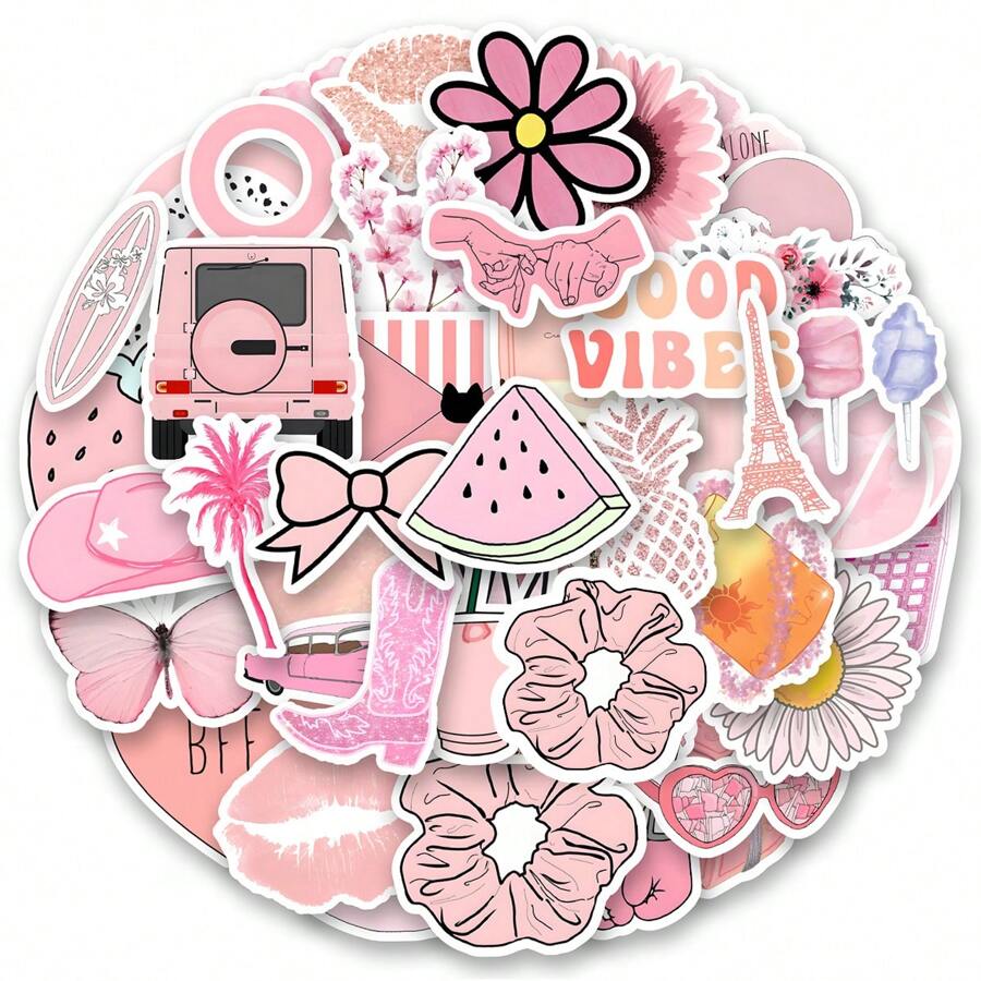 50张粉色可爱贴纸 | 乙烯基材质，美观实用，适用于剪贴簿、日记本、笔记本电脑、保险杠、滑板、水瓶、电脑、手机、卡通图案、安全帽、汽车贴纸 - 彩色 - 查看 1