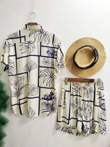 Set Of Men's Shirts And Shorts With Hawaiian Print, Summer Beach, Short Sleeves, Viscose With Elastane, Shrinks A Little - 藍白色 - 查看 2