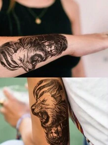 1 Sheets Big Size Body Art Temporary Tattoo Stickers For Men, Black Realistic Lion Forest Animal Pattern, Waterproof Fake Tattoo, Lasts 2-5 Days, Covering Scars,Can Be Used On Arms Wrist Shoulders Legs Waist Neck Hand Chest Thighs Fingers
