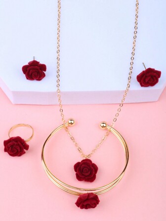 1 套儿童女孩锌合金玫瑰花项链手链耳环戒指首饰套装，适合新年、节日、度假、生日礼物