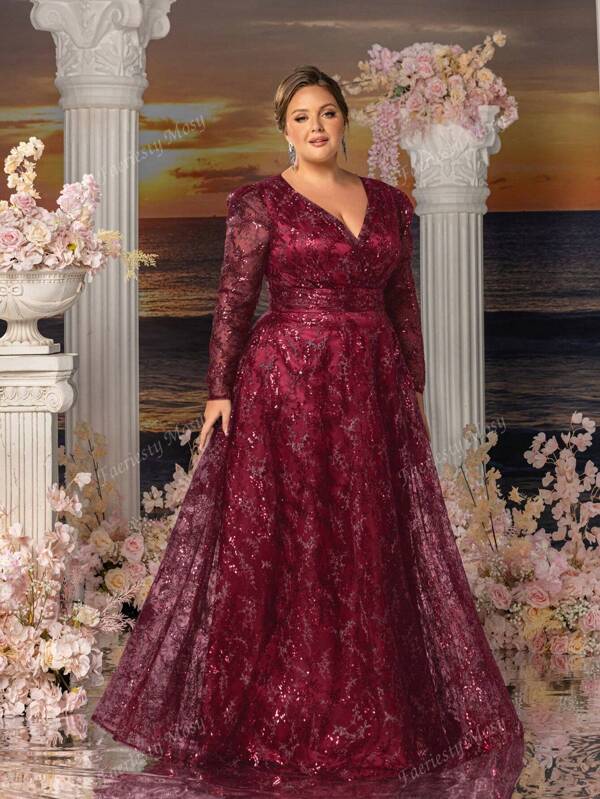 Faeriesty Mosy Stunning Sequined Evening Gown With V-Neckline & Long Sleeves – Luxurious Full-Length Design For Red Carpet, Weddings, And Gala Events | Elegant Formal Wear For All Seasons