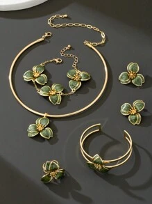 1 pièce Collier pendentif fleur dégradé de vert style vacances, 1 paire de boucles d'oreilles, 1 bague, 1 bracelet, 1 jonc - Ensemble de bijoux verts pour femmes Valentin, Maman, Mère, Fête des Mères, Cadeau