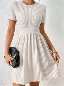 Vestido línea A unicolor ,vestidos elegantes para mujer moda,vestidos de manga corta de fiesta para mujer sexy,casual salir elegante elástico moda ropa - Albaricoque - Ver 1