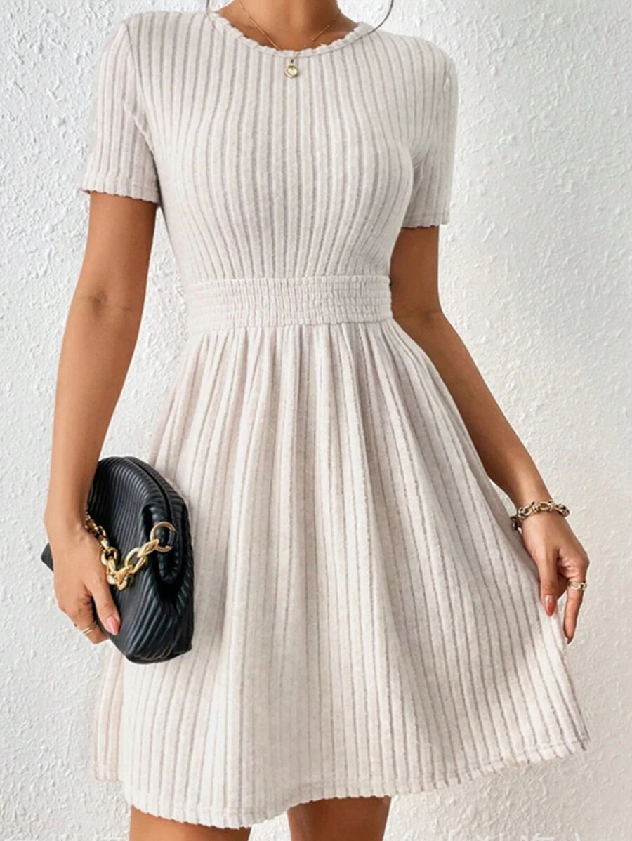 Vestido línea A unicolor ,vestidos elegantes para mujer moda,vestidos de manga corta de fiesta para mujer sexy,casual salir elegante elástico moda ropa - Albaricoque - Ver 1