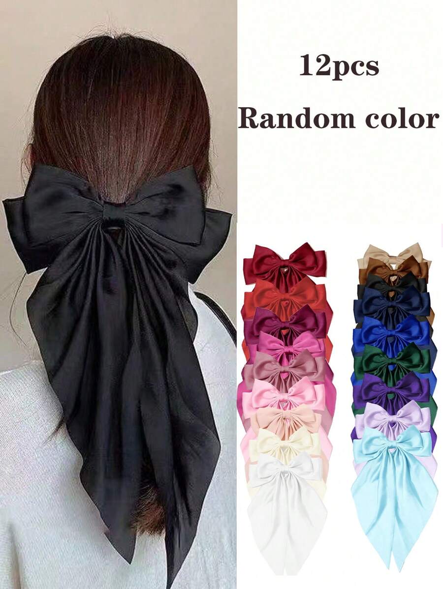 12 件装女士可爱丝带蝴蝶结发夹，纯色涤纶面料，适合女士和节日活动