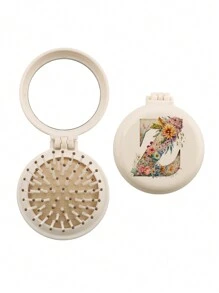 1pc Valentine's Day Flower Aesthetics 26-Letter Mirror Comb, Best Maid Of Honor, Teacher, Friend Gift, Graduation Essential Portable Backrest Comb, Foldable Air Cushion Comb, Travel Camping Essential,Hair Brush,Comb,Hair Tools,Hair Products And Accessories For Barber Salon Beauty Travel Essentials