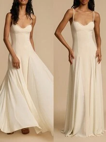 Women Long Dress Solid Color Spaghetti Strap Sleeveless Cami Dress Summer Fashion Big Swing Casual Dress - 白色 - 查看 2