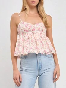 Women's Summer Babydoll Tops Sleeveless Spaghetti Strap Floral Print Camisole Cami Tank Tops