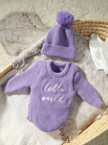 2 件新生儿“Hello World”刺绣针织连体衣和绒球帽套装，摄影道具和洗礼服装婴儿洗礼家庭装饰礼物婴儿洗礼复活节礼物，适合女孩/男孩 - 彩色 - 查看 13