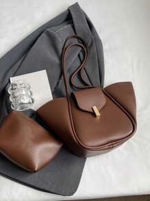 新款时尚经典百搭纯色PU防水手提包，磁扣闭合设计，大容量单肩托特包，翼形包型，商务通勤包，适合旅行、购物、通勤、外出和约会。商务休闲女包，完美适用于办公室商务和工作场合。新款时尚大容量女包。 - 咖啡棕 - 查看 4