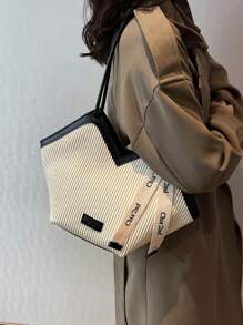 新款时尚百搭撞色设计，凹槽纹理，大容量双提手单肩手提包，适合旅行、购物、通勤，饰以丝巾图案，优雅女士钱包，商务通勤钱包 - 白色 - 查看 3