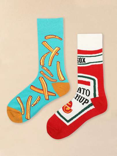 Y2Kool 1 Pair Unisex Creative Tomato & Fries Pattern Mismatched AB Socks, Unique Casual Comfortable Mid-Calf Letter Socks, Suitable For Everyday Wear