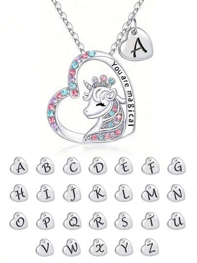 suteyi Girl's Unicorn Gift, Silver Plated Letters A-Z Girl's Heart Shaped Unicorn Necklace Jewelry Initial Unicorn Necklace Birthday Gift Girl's Teen Unicorn Gift