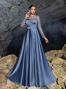 Elisanya Váy dạ hội dài tay bằng vải chiffon thanh lịch – Hoàn hảo cho các buổi dạ hội, đám cưới và sự kiện thảm đỏ | Bữa tối trang trọng, Váy dự tiệc, Váy dự tiệc cưới, Váy dạ hội - Màu xanh bụi bặm - Xem 4