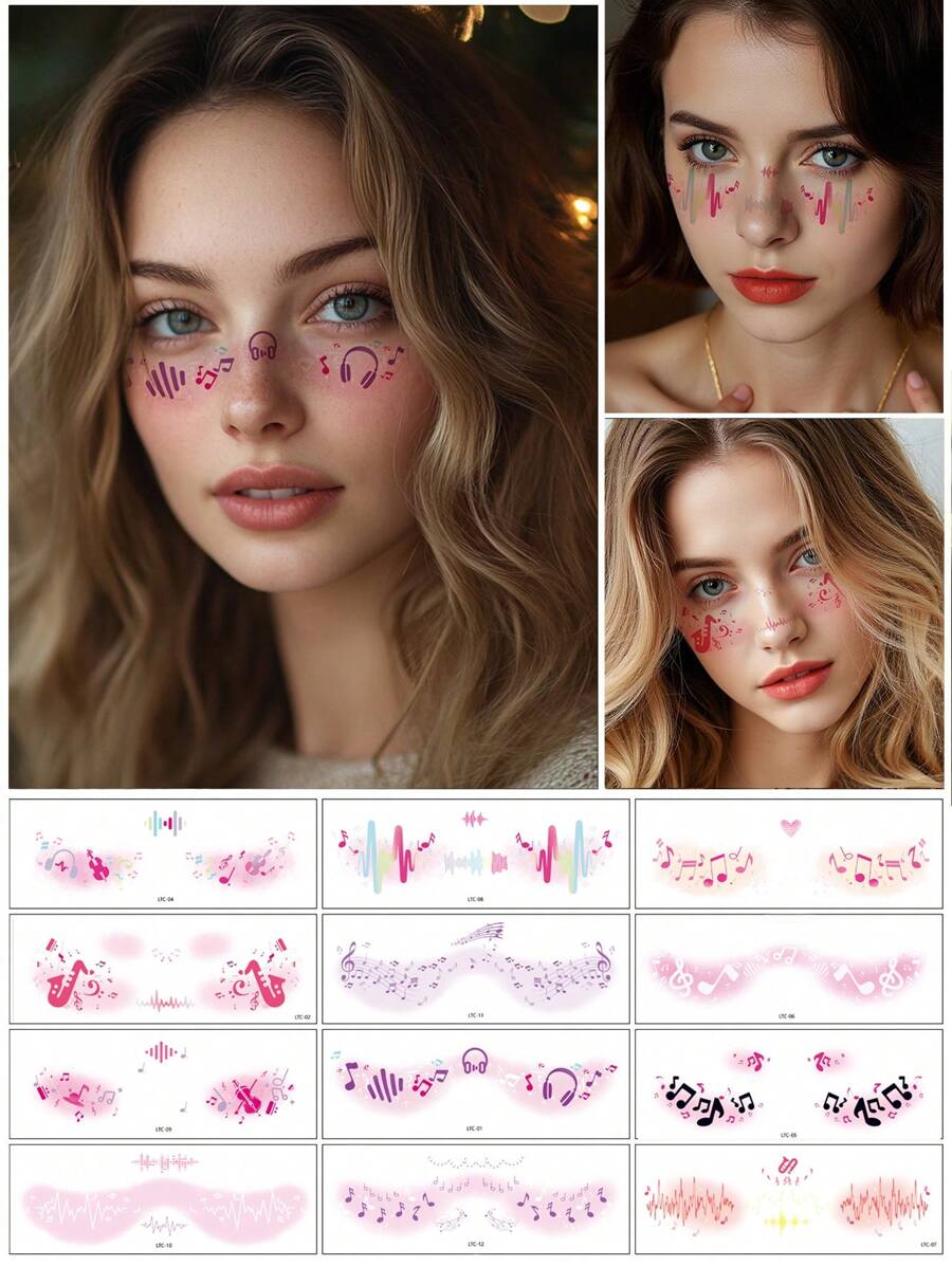 12 piezas de tatuajes temporales de stickers para festivales de música - Stickers de maquillaje para ojos y rostro para fiestas navideñas de mujeres, adecuados para festivales de música y fiestas diarias y accesorios festivos, stickers de rubor en polvo para rostro, dulces y lindos
