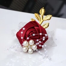 1pc Bride/Bridesmaid Burgundy Faux Rose Bead & Golden Leaf Wrist Corsage, Wedding/Party/Valentine's Day Decoration