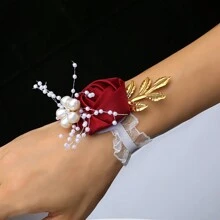 1pc Bride/Bridesmaid Burgundy Faux Rose Bead & Golden Leaf Wrist Corsage, Wedding/Party/Valentine's Day Decoration