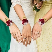 1pc Bride/Bridesmaid Burgundy Faux Rose Bead & Golden Leaf Wrist Corsage, Wedding/Party/Valentine's Day Decoration