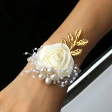 1pc Bride/Bridesmaid Burgundy Faux Rose Bead & Golden Leaf Wrist Corsage, Wedding/Party/Valentine's Day Decoration