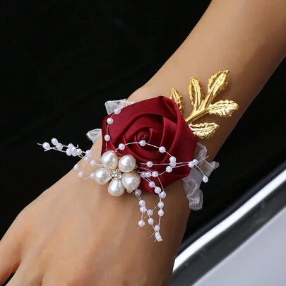 1pc Bride/Bridesmaid Burgundy Faux Rose Bead & Golden Leaf Wrist Corsage, Wedding/Party/Valentine's Day Decoration