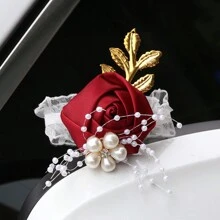 1pc Bride/Bridesmaid Burgundy Faux Rose Bead & Golden Leaf Wrist Corsage, Wedding/Party/Valentine's Day Decoration