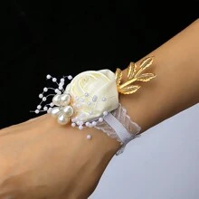 1pc Bride/Bridesmaid Burgundy Faux Rose Bead & Golden Leaf Wrist Corsage, Wedding/Party/Valentine's Day Decoration