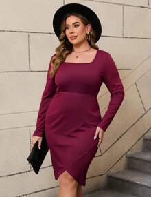 GoyRrbay Women's Plus Size Cocktail Dress Comfortable Long Sleeve Wedding Guest Square Neck Semi Formal Dress - Màu Đỏ Sâu - Xem 5