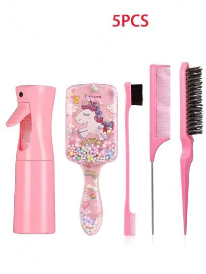 Set de cepillos desenredantes de 1/2/3/4/5/6/7/9/12 piezas, (6.8 Oz/200ml) Botella de spray de niebla fina continua, adecuado para adultos y niñas, cepillo desenredante con diseño de unicornio, cepillo para esponjar, peine de cola de rata, para peinados y peluquería