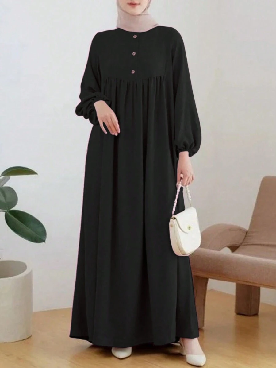 Fashionable Women's Casual Round Neck Puff Sleeve Loose Dress, Dignified - Black - View 1