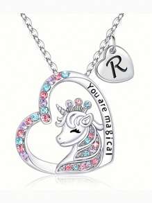 suteyi 女童獨角獸禮物，銀鍍字母A-Z女童心形獨角獸項鏈珠寶首飾首字母獨角獸項鏈生日禮物女童青少年獨角獸禮物 - 銀色 - 查看 19