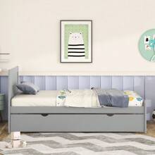 MISSUNNY Sleek Modern Design Twin Size Platform Bed Frame With Integrated Trundle For Enhanced Space Efficiency, Finished In Stylish Grey For A Contemporary, Sophisticated Look