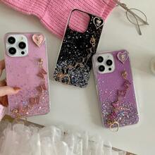 1pc Starry Glitter Epoxy Resin Shiny Phone Case DIY Butterfly Bracelet + Rose Heart Compatible With IPhone 16/16Pro/16ProMax, S25/S25Plus/S25Ultra, A14/A54/A55/A15, Compatible With Redmi Note 8/9/10/11/12/13/14/13C 4G/14C 4G, Compatible With OPPO Series,International Version, Not The Domestic Version - Pink - View 6