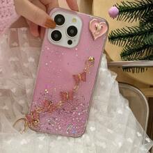 1pc Starry Glitter Epoxy Resin Shiny Phone Case DIY Butterfly Bracelet + Rose Heart Compatible With IPhone 16/16Pro/16ProMax, S25/S25Plus/S25Ultra, A14/A54/A55/A15, Compatible With Redmi Note 8/9/10/11/12/13/14/13C 4G/14C 4G, Compatible With OPPO Series,International Version, Not The Domestic Version - Pink - View 1