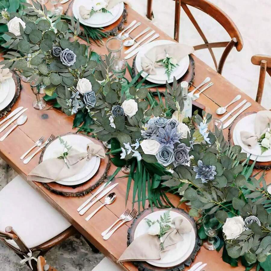 5.9ft Artificial Flowers Eucalyptus Garland With Flowers Fall Flowers,Wedding Arch Flowers,Wedding Table Garland,Flocked Garland, Wedding Decorations,Garland Christmas Decorations - 藍色 - 查看 1