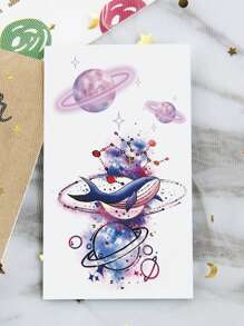 1 Sheets Small Size Body Art Temporary Tattoo Stickers For Women And Men, Romantic Colorful Pink Planet Whale Pattern, Waterproof Fake Tattoo, Lasts 2-5 Days, Covering Scars, Can Be Used On Arms Wrist Shoulders Legs Waist Neck Hand Chest Thighs Finger