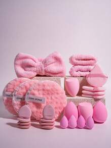 2/4/5/26 件面部清洁工具套装：化妆海绵和粉扑、头带、腕带、气垫化妆粉扑，包括：1 个蝴蝶结头带、2 个腕带、3 个卸妆粉扑、4 个化妆海绵、4 个迷你化妆海绵、4 个三角形化妆海绵、4 个手指化妆粉扑、4 个心形气垫化妆粉扑、粉底混合美容海绵 - 彩色 - 查看 15