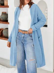 Cárdigan largo de gran tamaño con capucha y punto grueso para mujer de PiePieBuy, suéteres con frente abierto y bolsillos - cielo azul - Ver 4